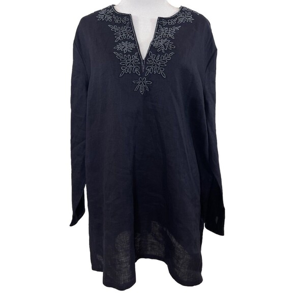 LANDS END Women’s Large 100% Linen Beaded Neckline Popover Tunic Top Bust Navy - Picture 3 of 12